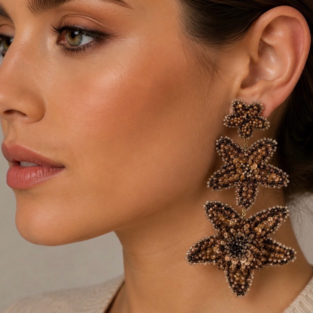 NWT Deepa Gurnani Gold & White Beaded Starfish Drop Earrings
